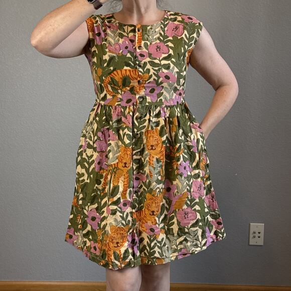 Princess Highway Button A-Line Dress Size 6 Tiger Jungle Organic Cotton Pocket - Picture 1 of 11